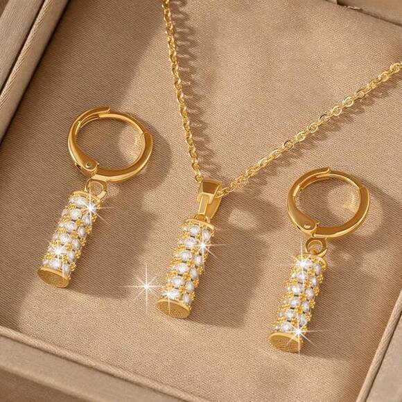 14K-18K Jewelry - Stainless Steel Chain Crystal Pendant Necklace Earrings Set Jewelry Set Gift